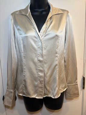 LAFAYETTE 148 Pure Silk Collared Button-Up Shirt Ivory Size 0 Workwear